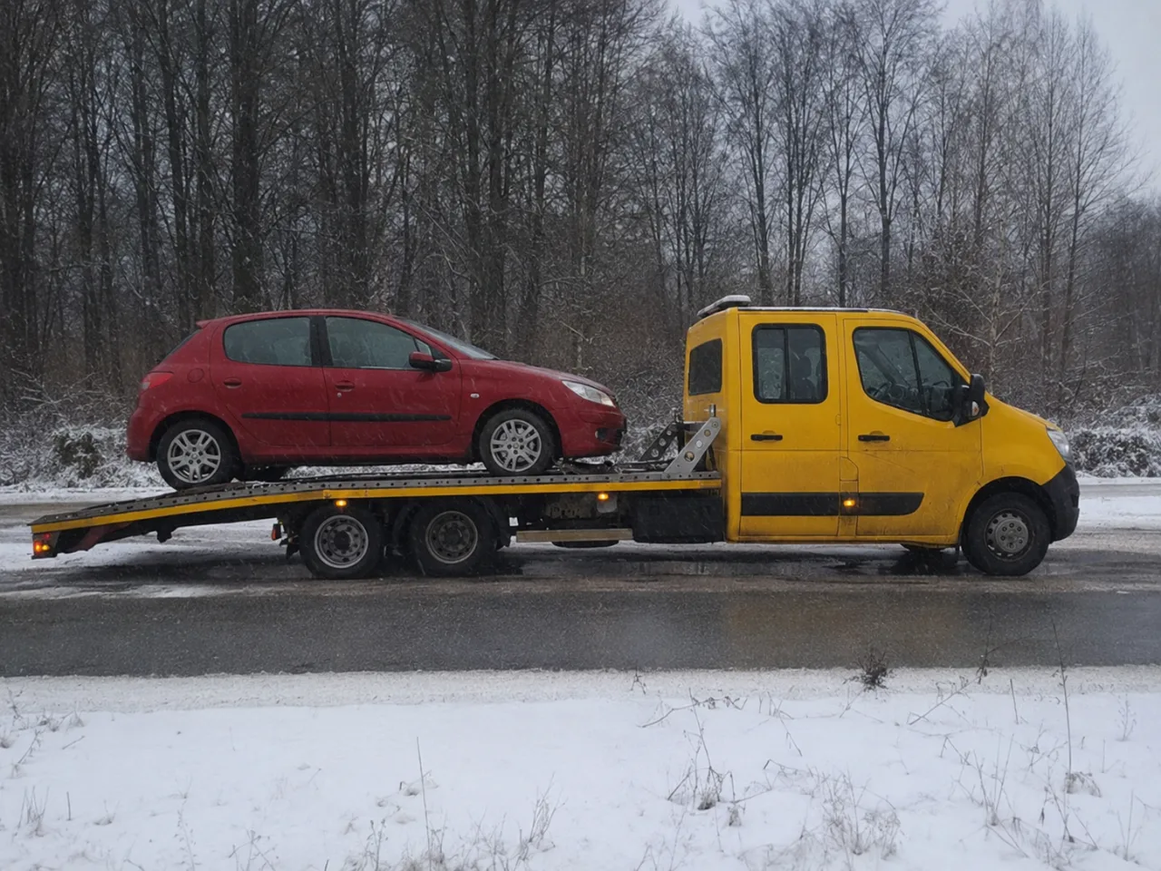 Holowanie auta na lawecie podczas opadów śniegu – Rumia