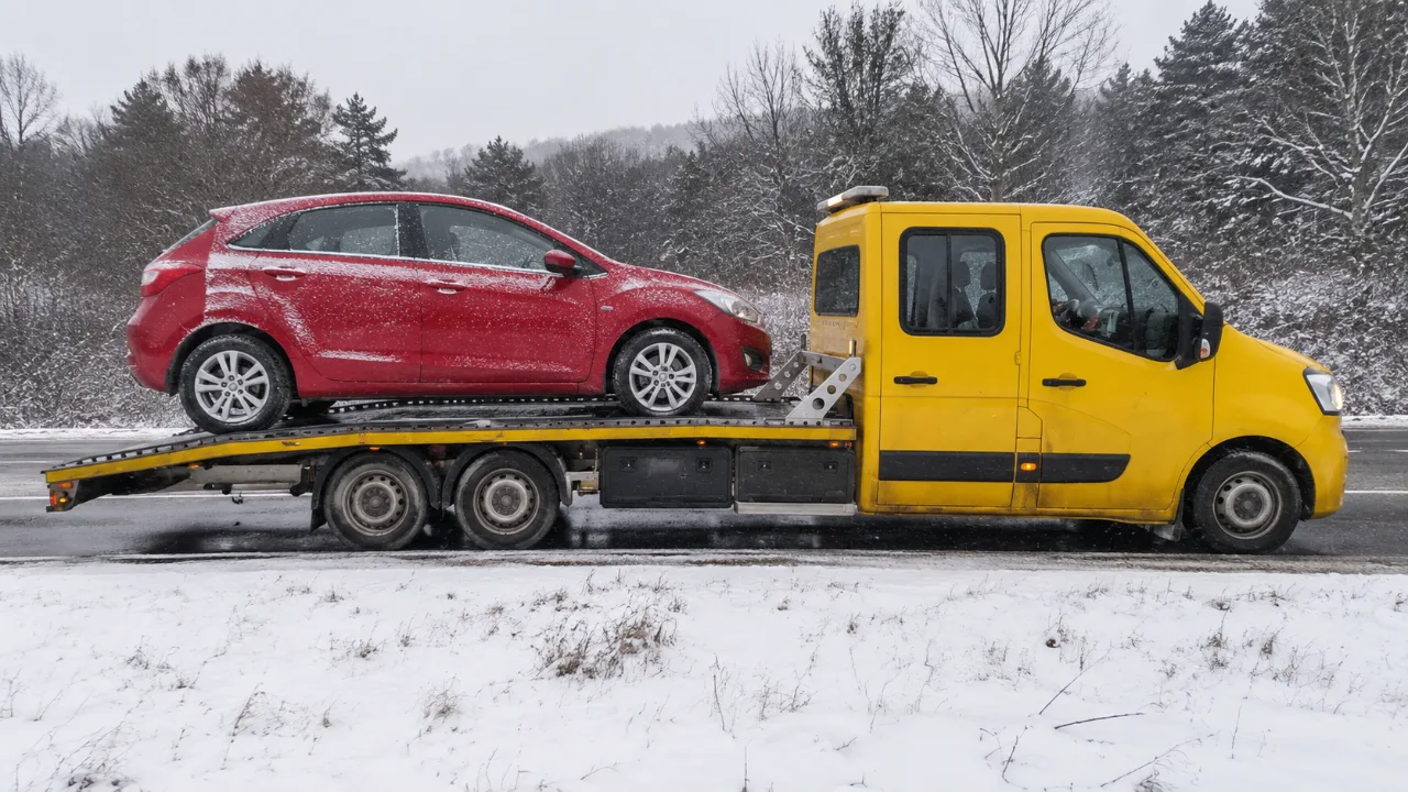 Holowanie czerwonego auta na lawecie zimą – Rumia