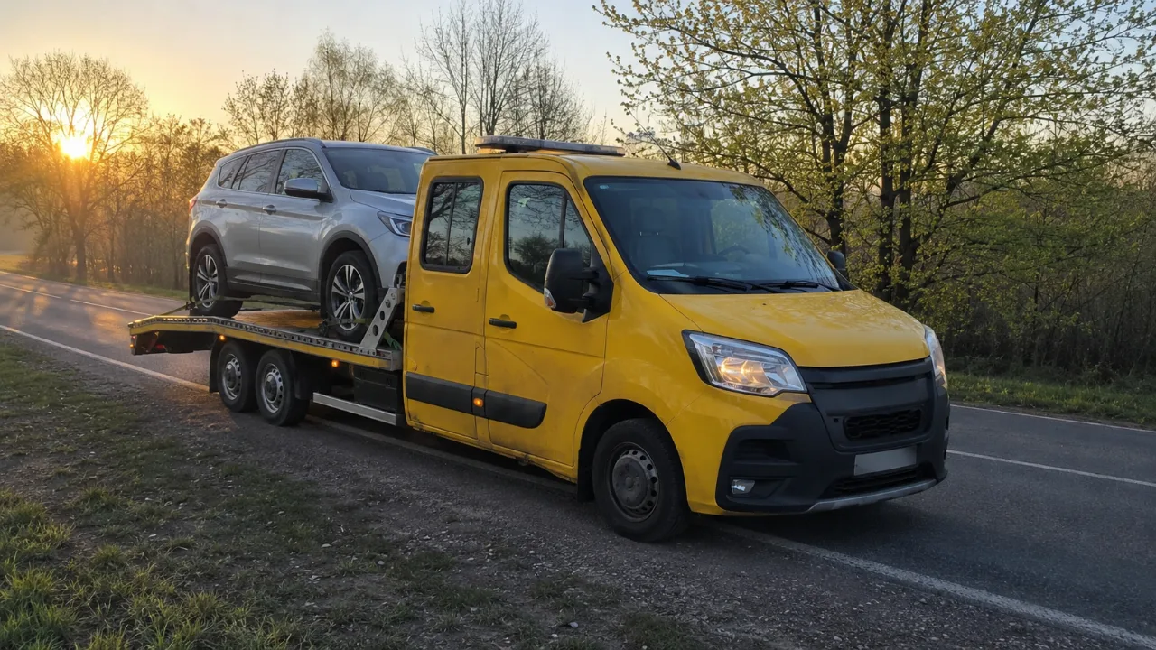 Laweta RUMIK-HOL z SUV-em na platformie o wschodzie słońca – Rumia