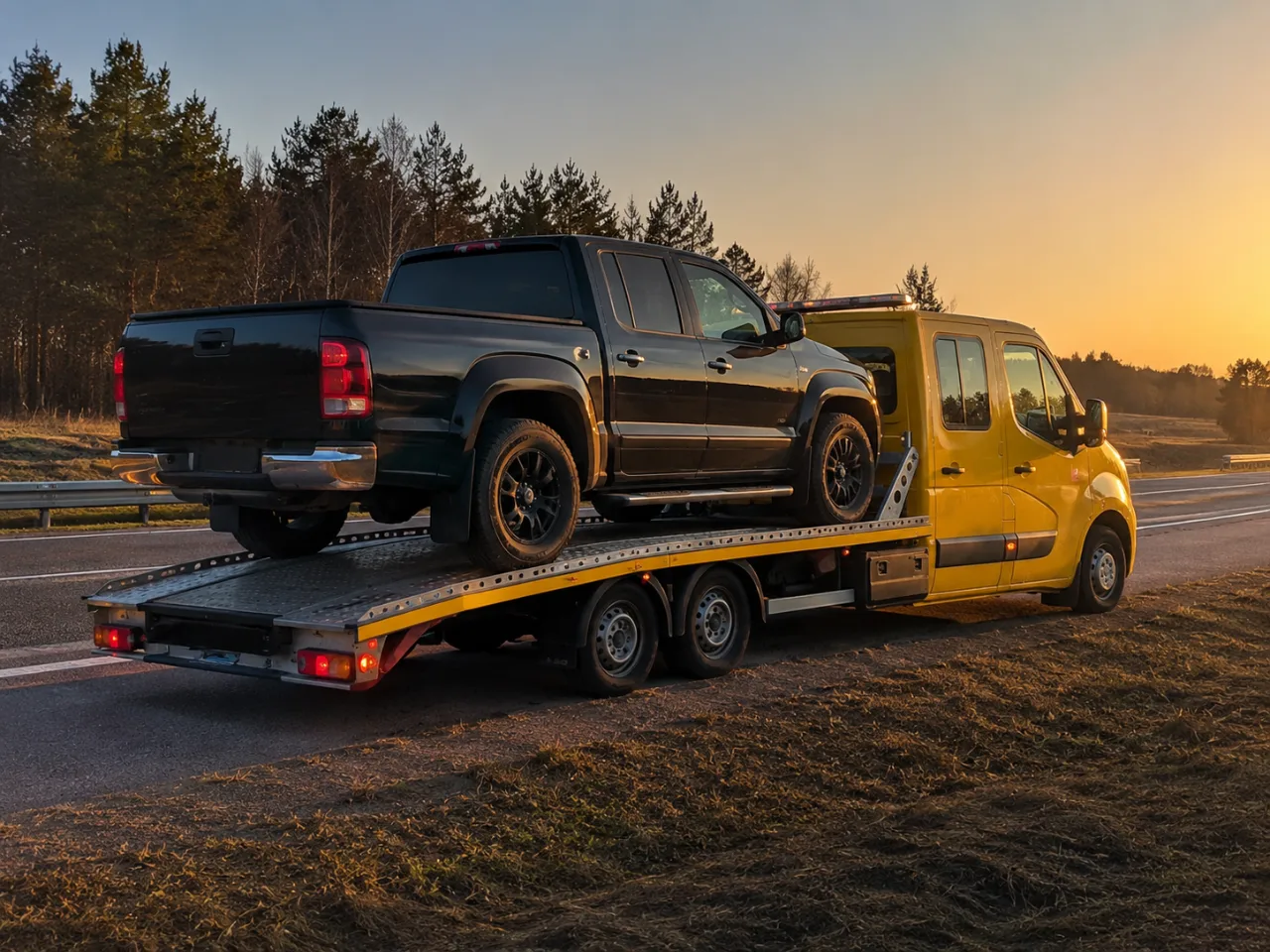 Pickup na lawecie o zachodzie słońca – wyciąganie auta z rowu w Rumi